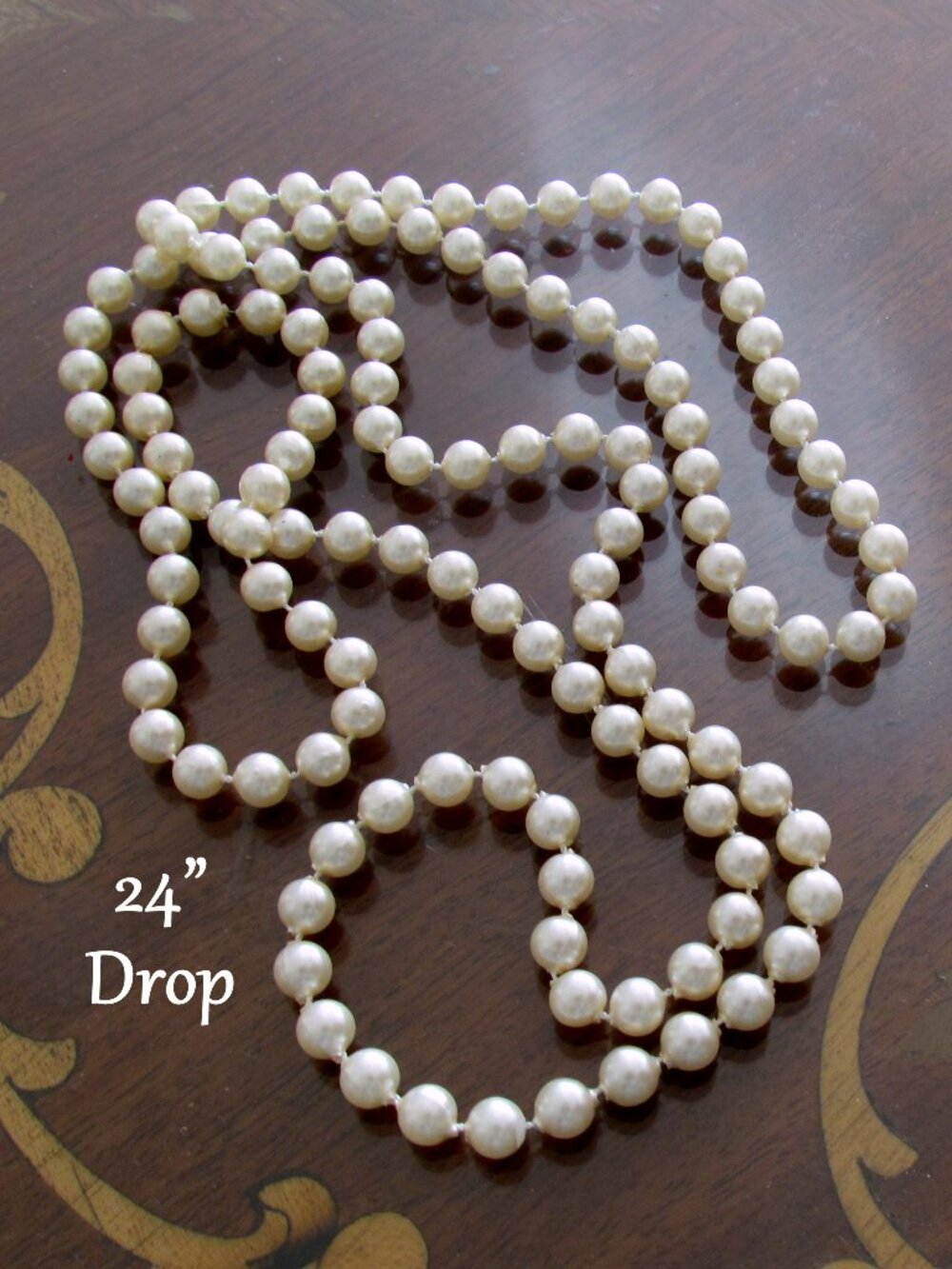 LONG PEARL NECKLACE, FLAPPER ROARING 20s COSTUME ACCESSORY, 24" LONG OFF-WHITE - Picture 3 of 4